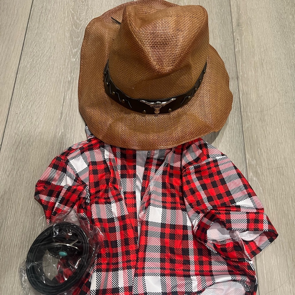 Brown Cowboy Hat and Red Plaid Shirt Set